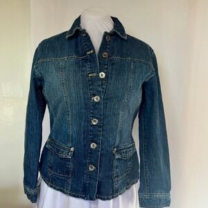 Chicos  Denim Jacket Women's Size 1 Button Front Collared Pockets Cotton Lined
